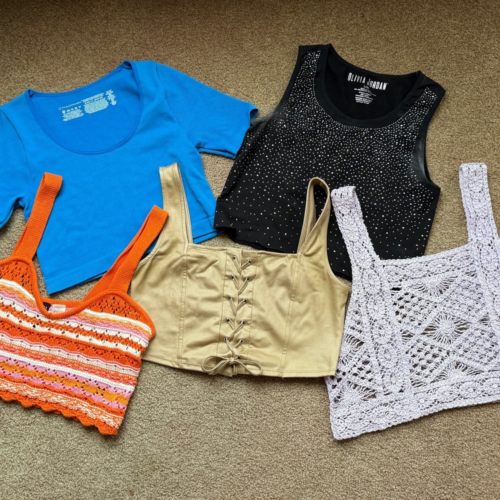 Trendy 5 piece Crop Top Collection - Blue, Black, Orange, Tan, Lavender.